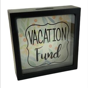 Piggy Bank Vacation Fund Novelty Bank Wood Square 5.75”X 5.75”